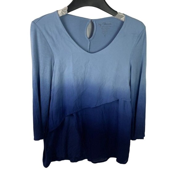 Chico's Tops - Chicos Size 0 Dip Dye Tierred Ombre Blue Pullover Shirt 3/4 Sleeve Tunic Top